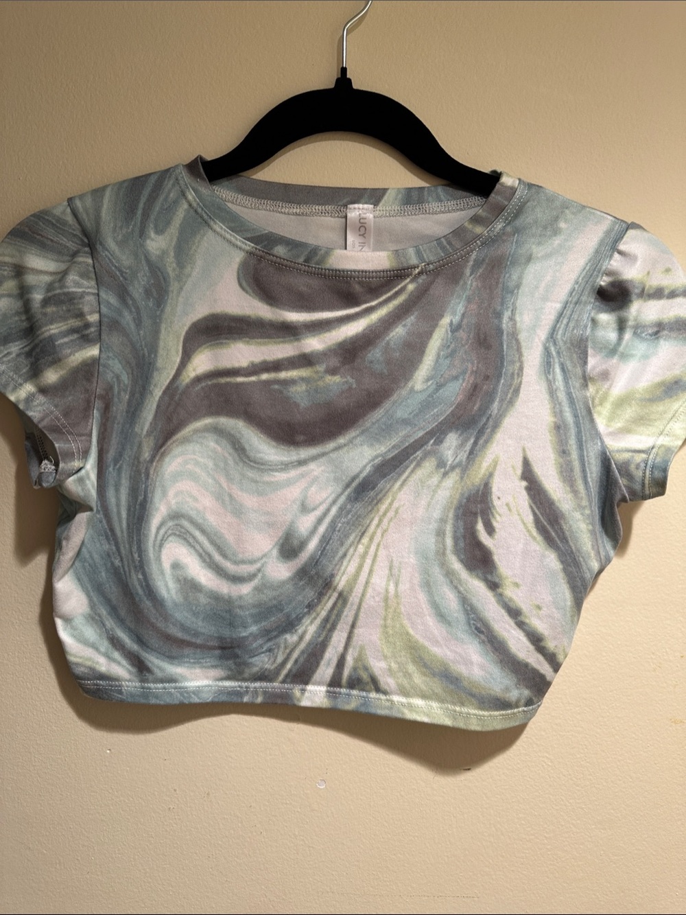Lucy in the Sky Marble Print Crop Top in Pastel Blues and Grays